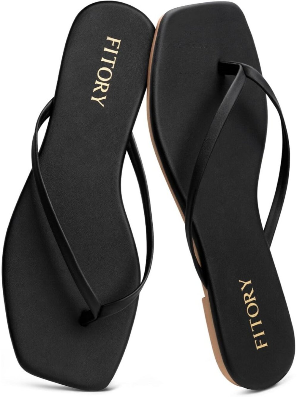 Women's Black Summer Comfortable Square Open Toe Leather Thong Flat Slide Sandal